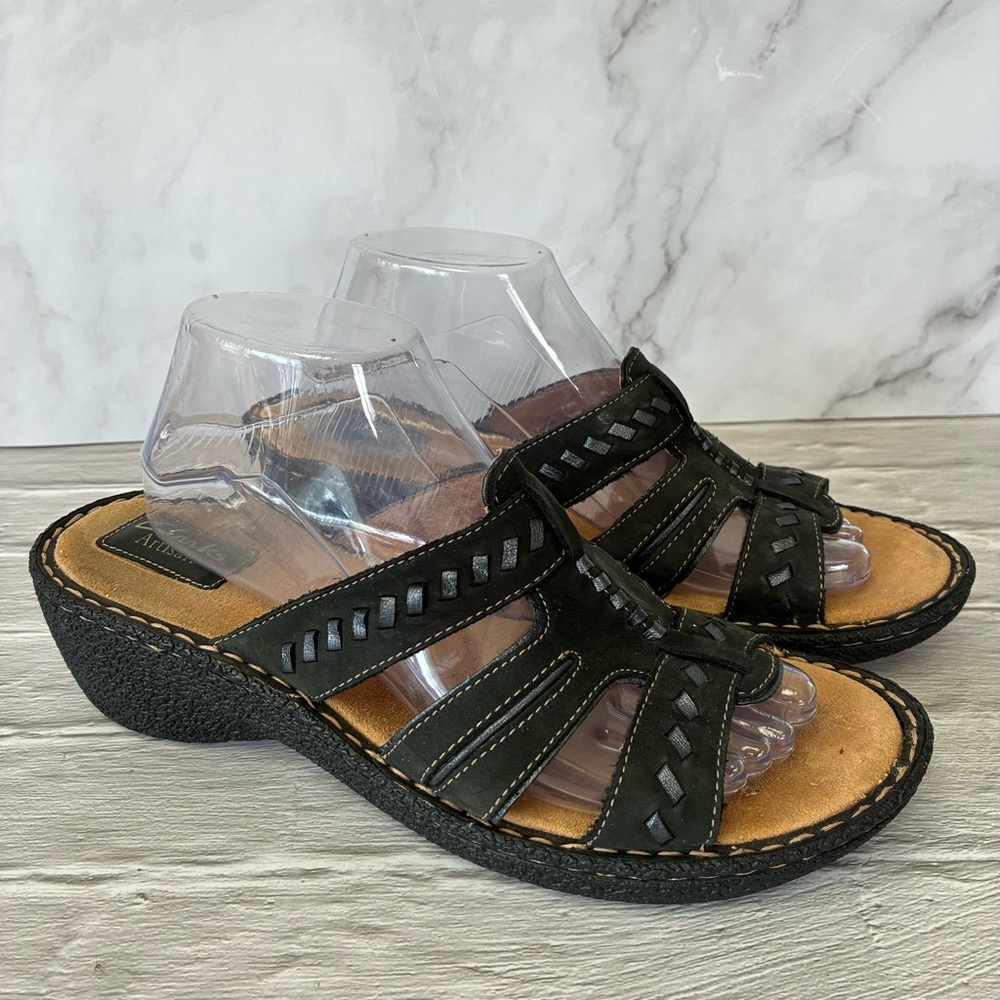 Clarks Artisan Black Leather Wedge Heel Slide Sandals Slip On Size 10